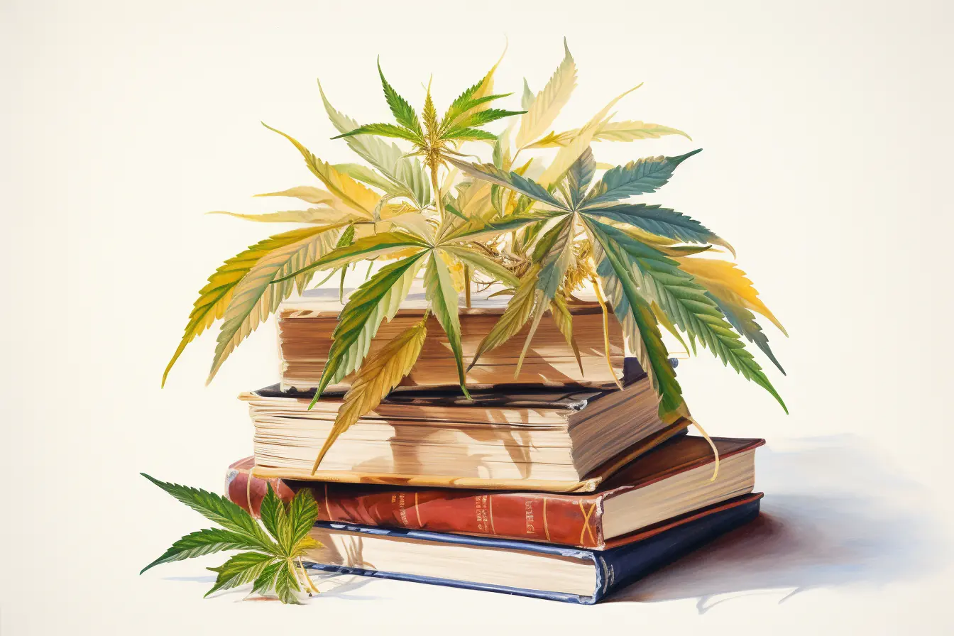 Bunte Bücher, die das Lesen spannend gestalten, sind von Cannabis bedeckt, einer Pflanze mit vielen Namen.